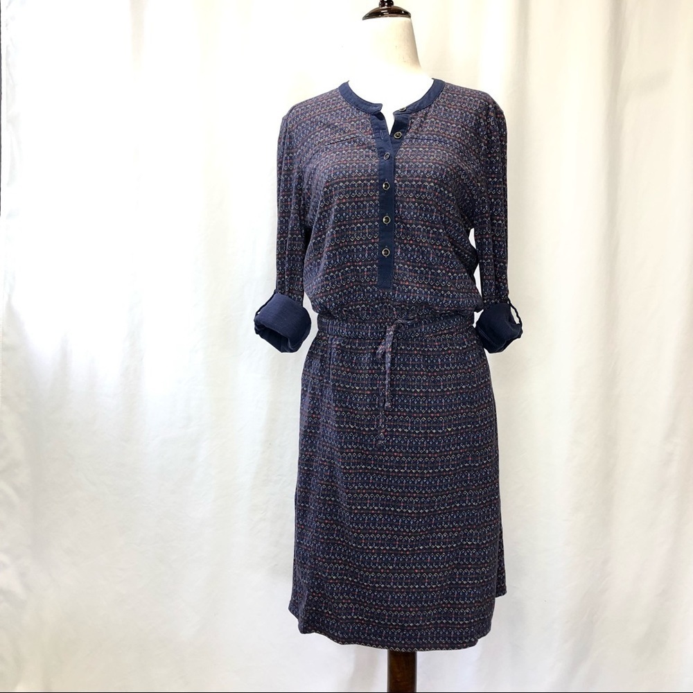 Eddie Bauer Henley shirt dress elastic waist with tie roll sleeves pockets S